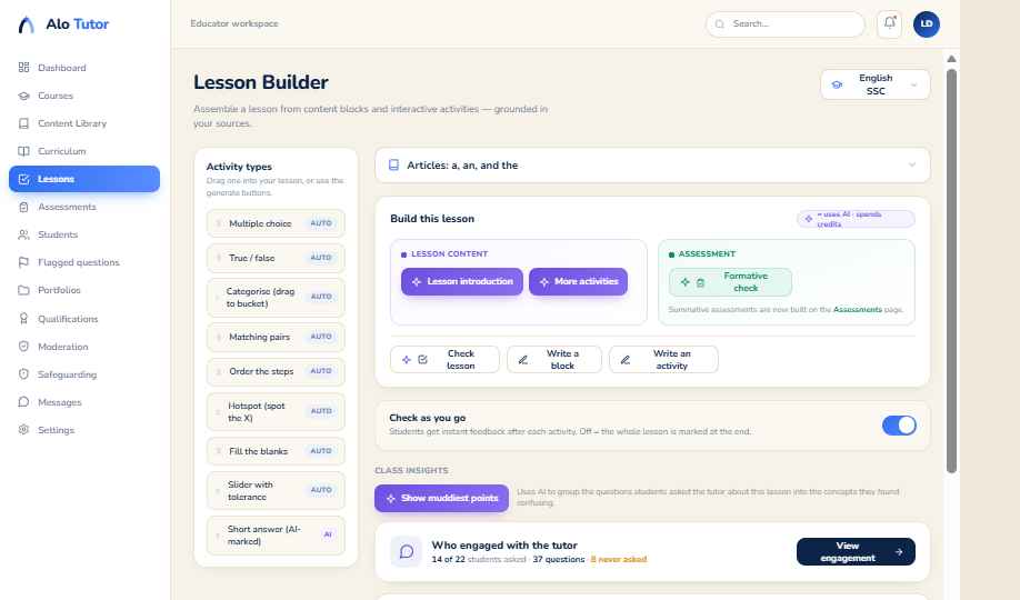 The Alo Tutor lesson builder — activity palette, build canvas and check-as-you-go