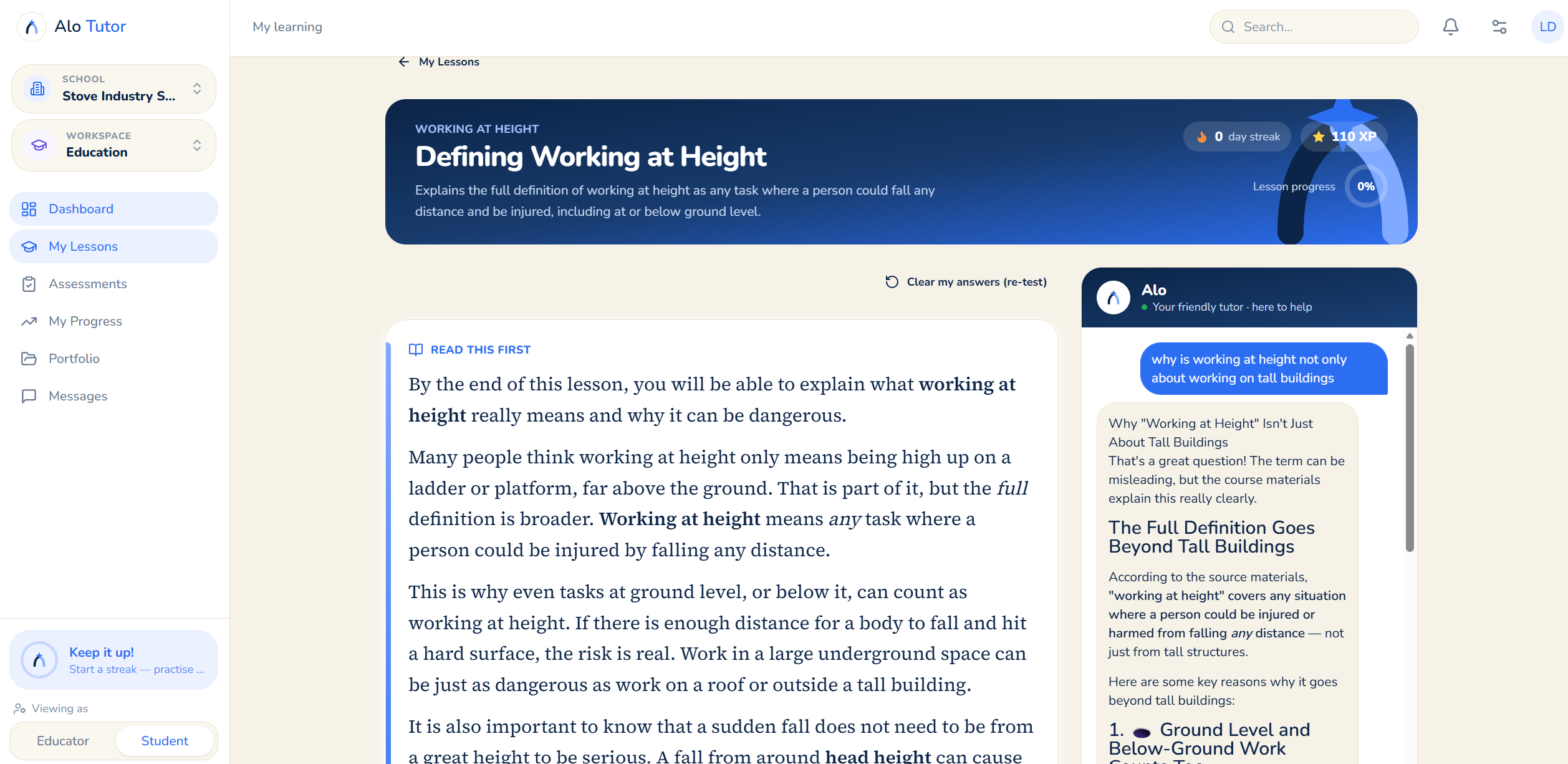 A learner working through a grounded working-at-height lesson with the Alo tutor panel